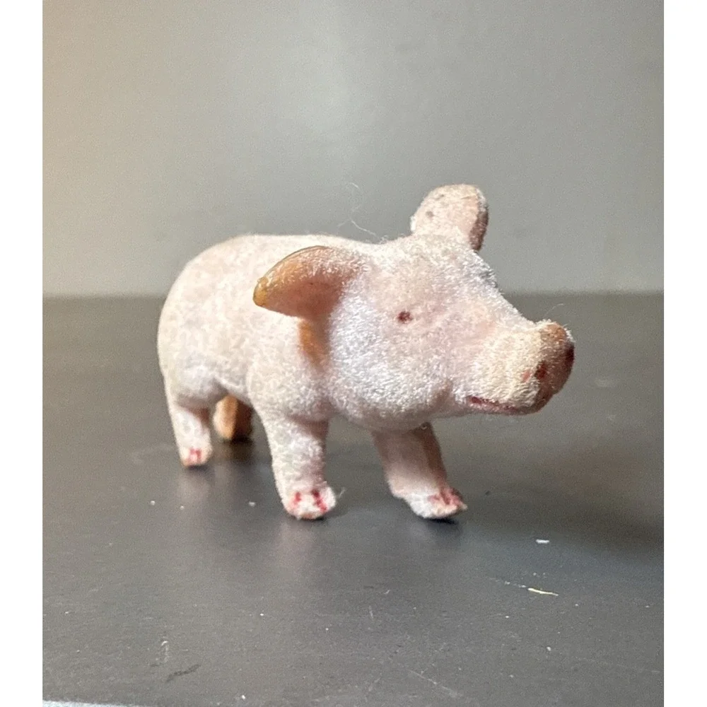 Vintage Flocked Pig Miniature Figurine Farm Animal Japan Kitsch 2.5